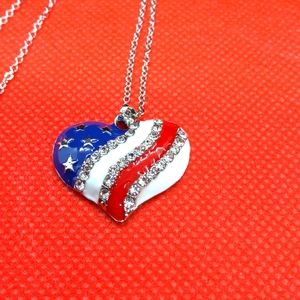 White Austrian Crystal Enameled Flag Heart Pendant (20 inch)